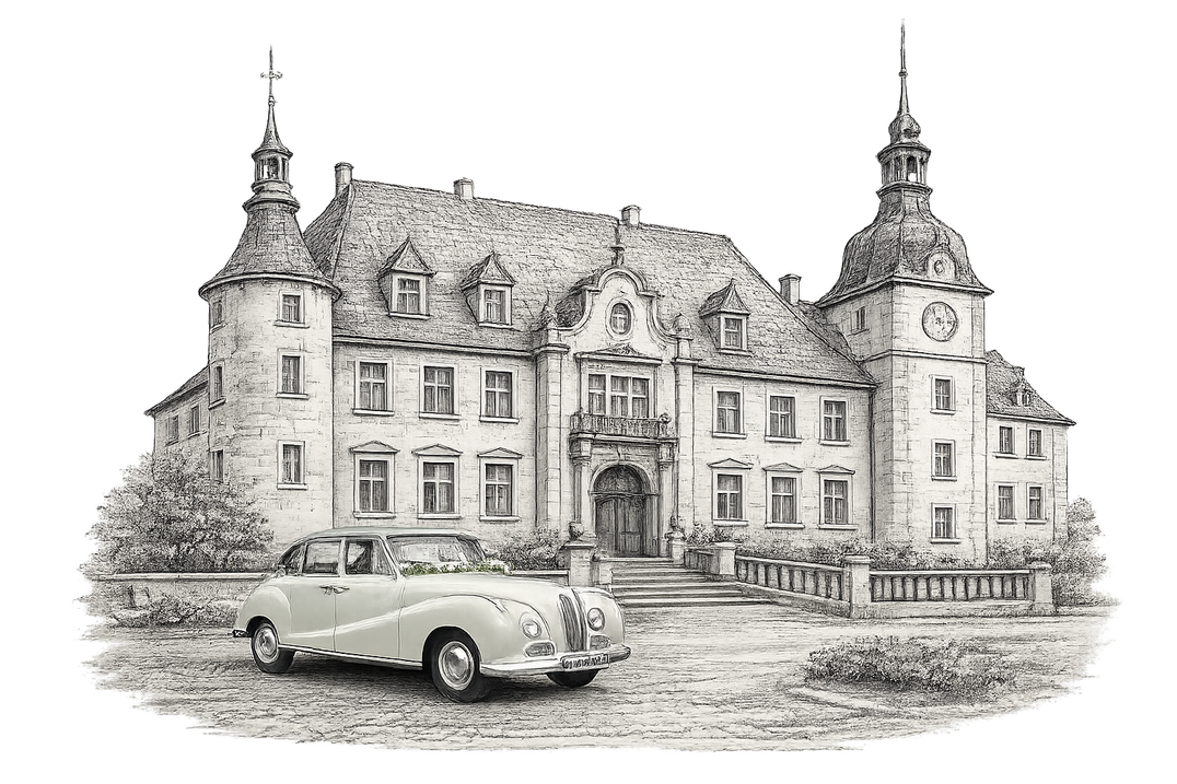 Zeichnung von Schloss Hemhofen mit Hochzeitsauto
